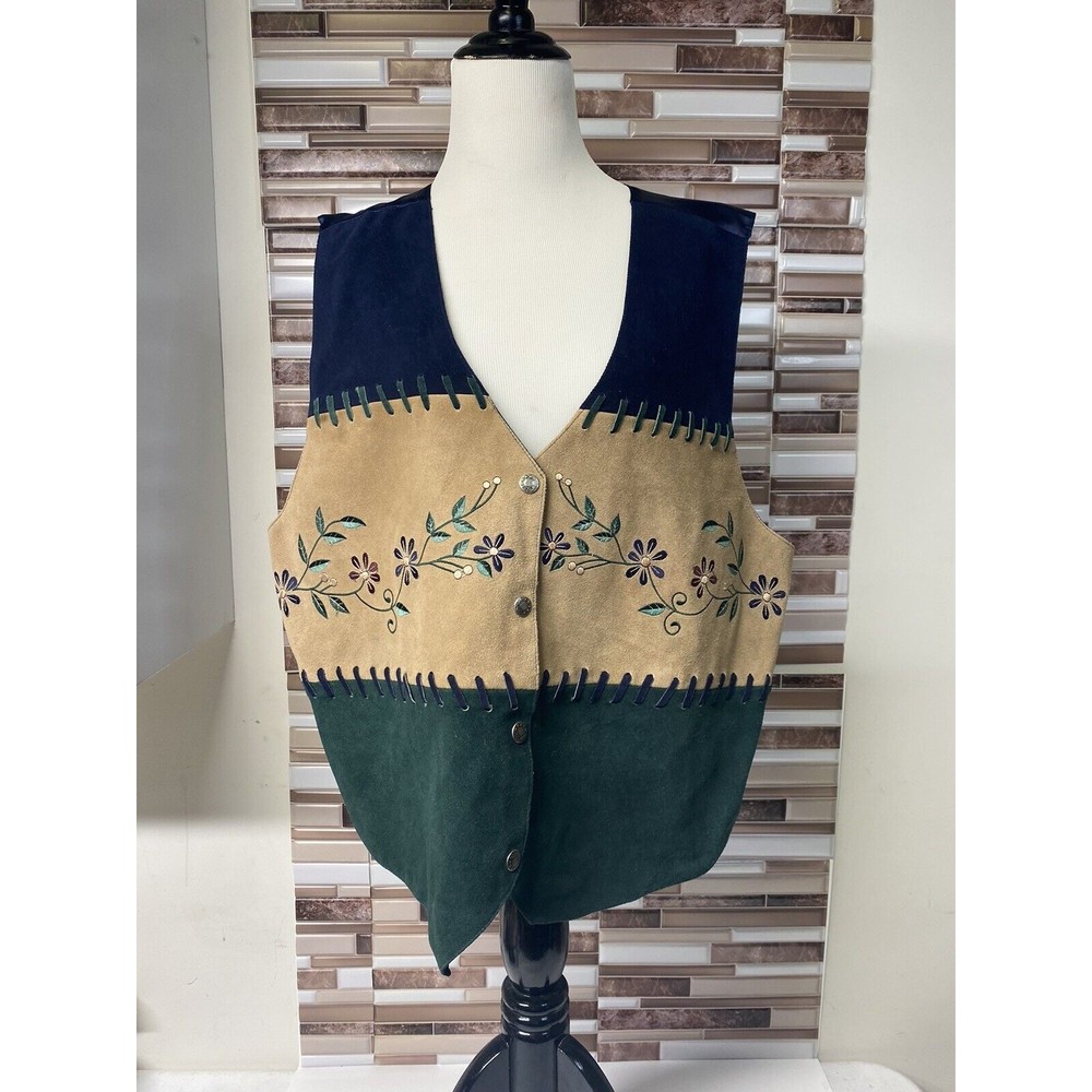 Tantrums Vintage Women's Size XL Floral Blue/green/brown Leather Button Up Vest